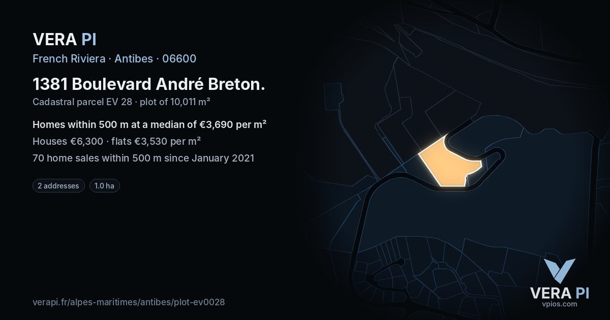 1381 Boulevard André Breton, Antibes at night – the plot lit, the parcels around coloured by the prices near them