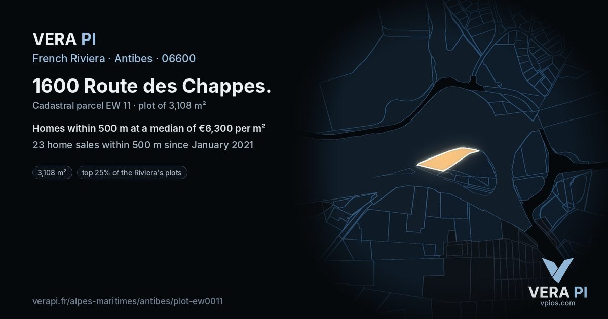 1600 Route des Chappes, Antibes at night – the plot lit, the parcels around coloured by the prices near them