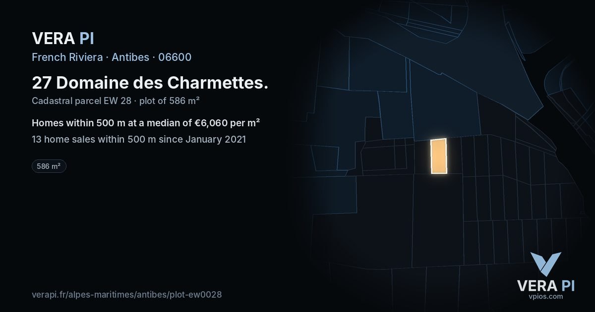27 Domaine des Charmettes, Antibes at night – the plot lit, the parcels around coloured by the prices near them