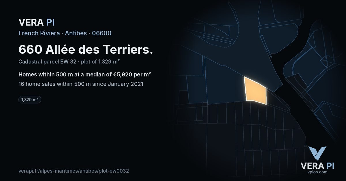 660 Allée des Terriers, Antibes at night – the plot lit, the parcels around coloured by the prices near them