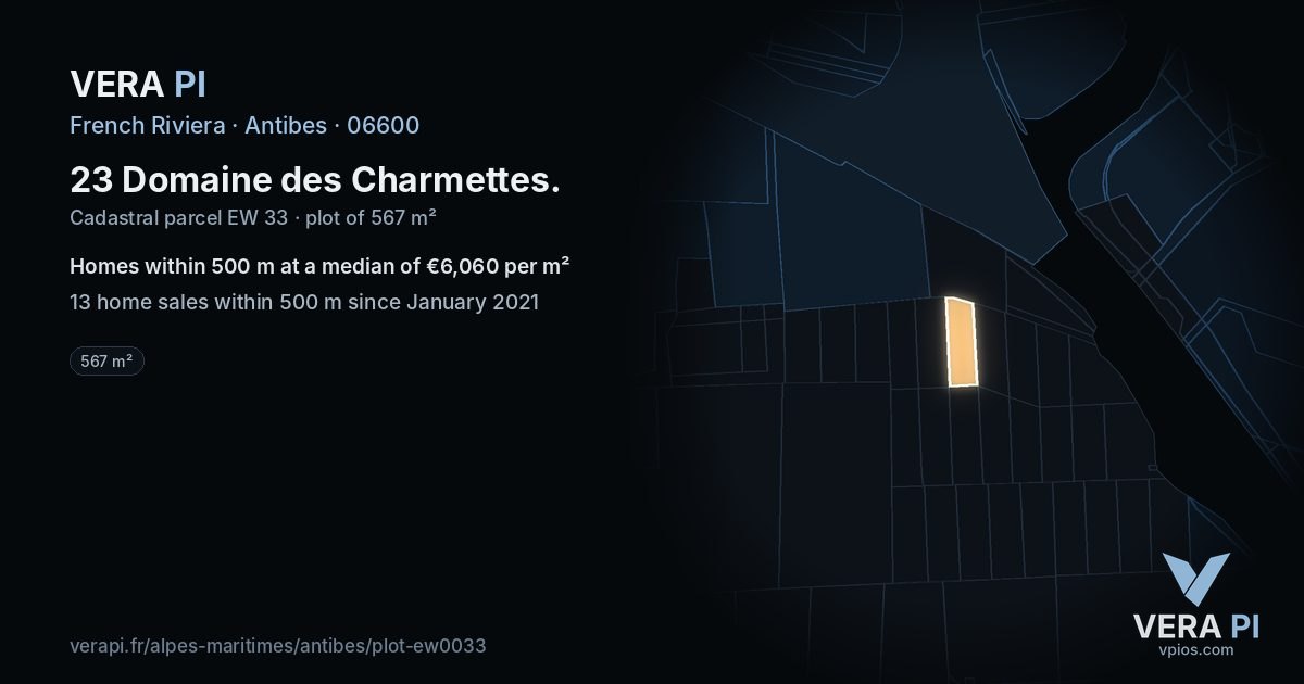 23 Domaine des Charmettes, Antibes at night – the plot lit, the parcels around coloured by the prices near them