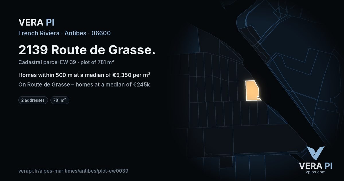 2139 Route de Grasse, Antibes at night – the plot lit, the parcels around coloured by the prices near them