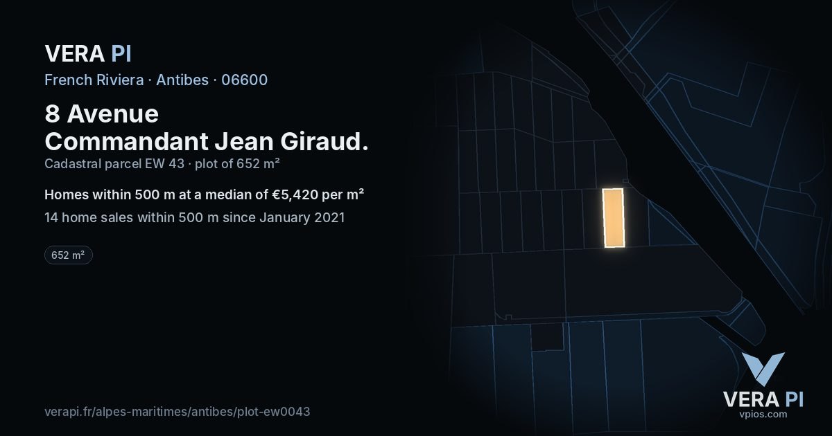 8 Avenue Commandant Jean Giraud, Antibes at night – the plot lit, the parcels around coloured by the prices near them