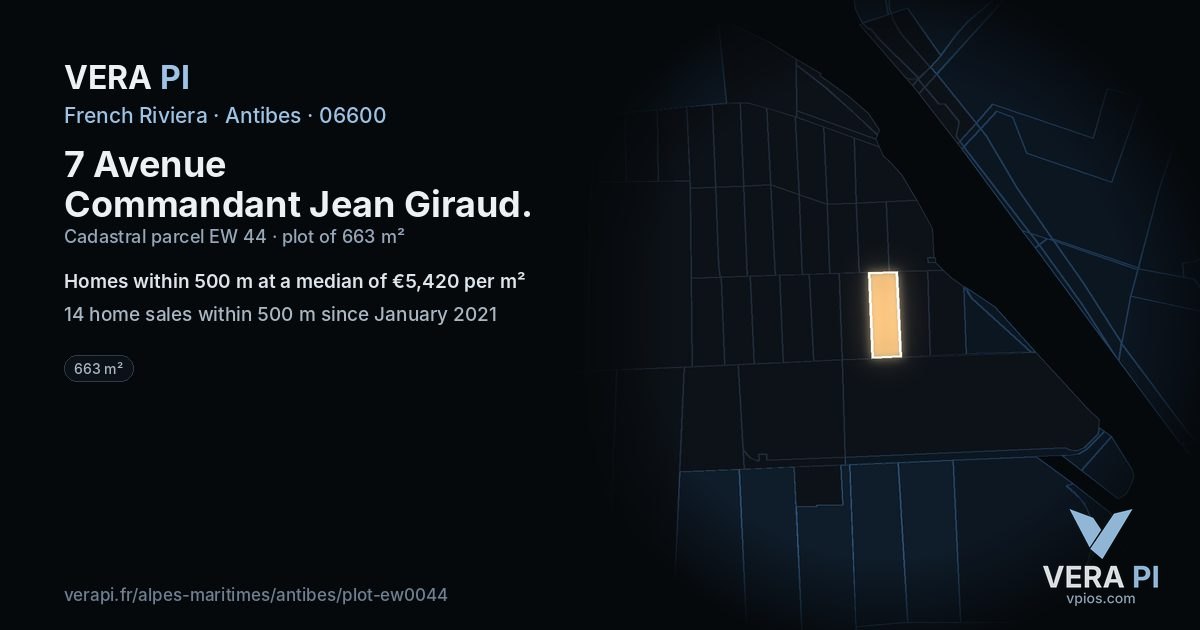 7 Avenue Commandant Jean Giraud, Antibes at night – the plot lit, the parcels around coloured by the prices near them
