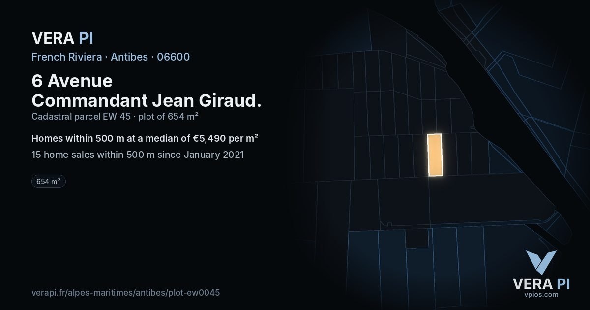 6 Avenue Commandant Jean Giraud, Antibes at night – the plot lit, the parcels around coloured by the prices near them