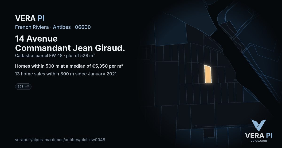 14 Avenue Commandant Jean Giraud, Antibes at night – the plot lit, the parcels around coloured by the prices near them