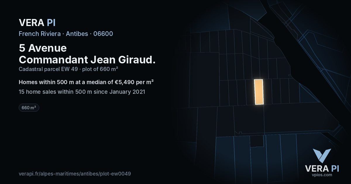 5 Avenue Commandant Jean Giraud, Antibes at night – the plot lit, the parcels around coloured by the prices near them
