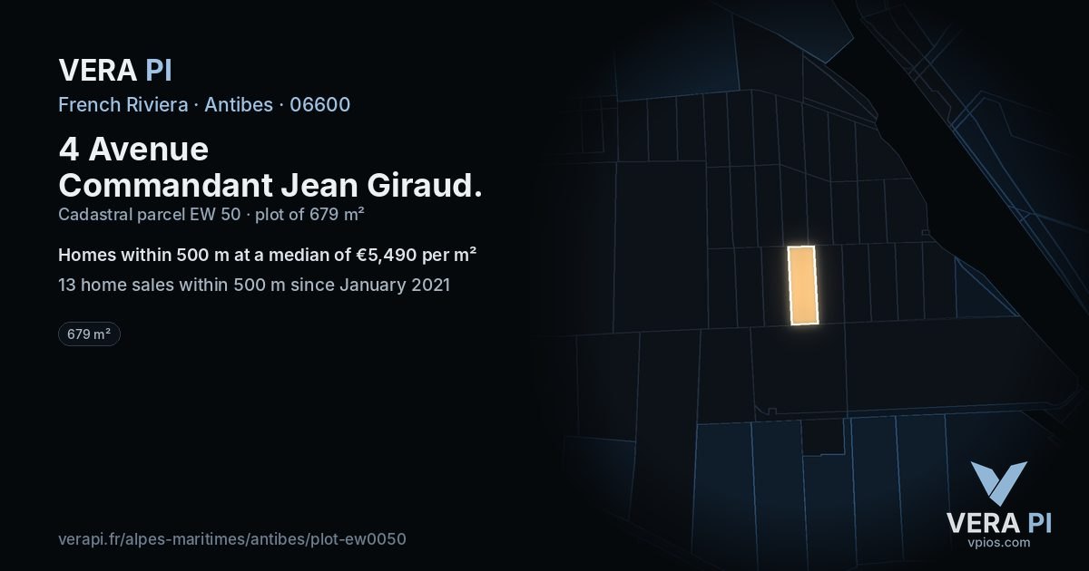 4 Avenue Commandant Jean Giraud, Antibes at night – the plot lit, the parcels around coloured by the prices near them