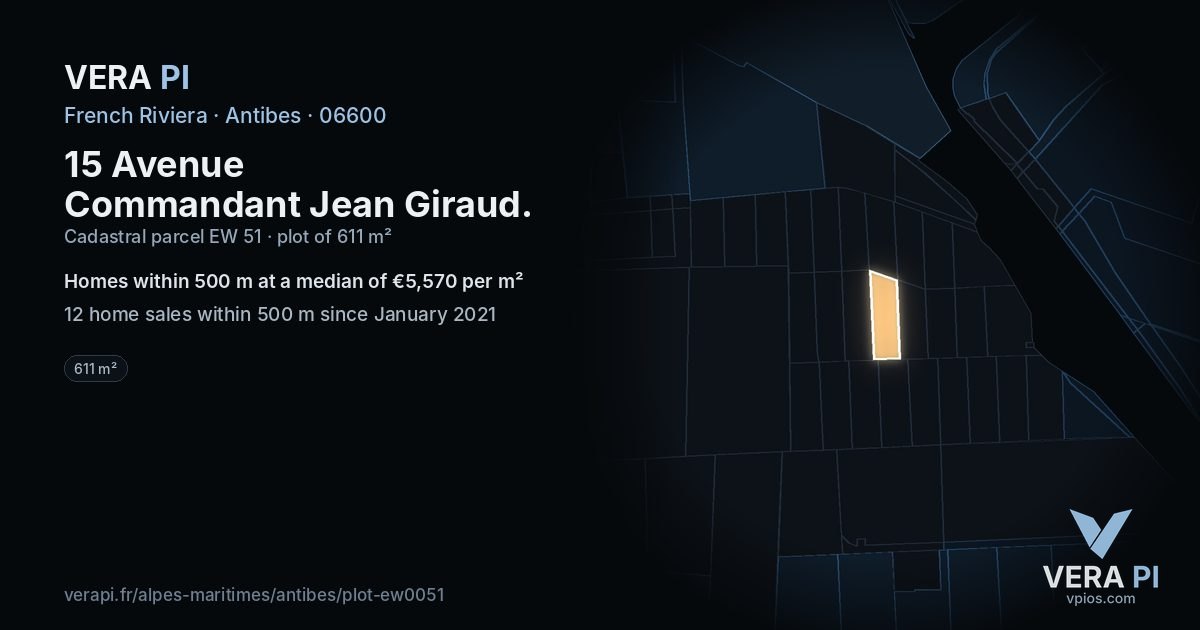 15 Avenue Commandant Jean Giraud, Antibes at night – the plot lit, the parcels around coloured by the prices near them