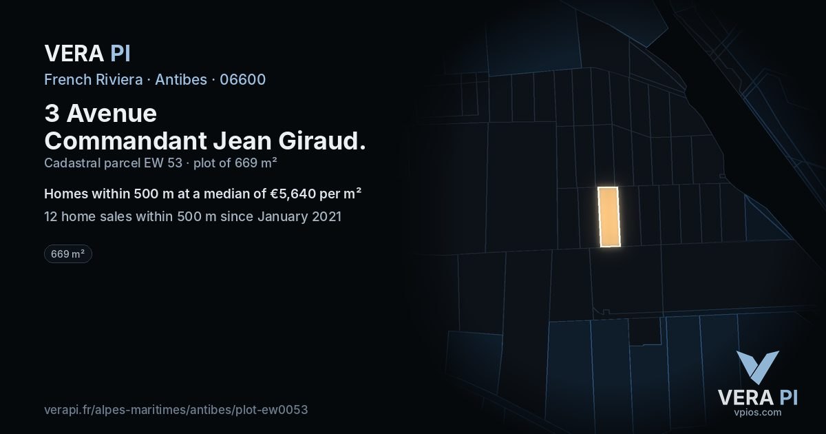 3 Avenue Commandant Jean Giraud, Antibes at night – the plot lit, the parcels around coloured by the prices near them