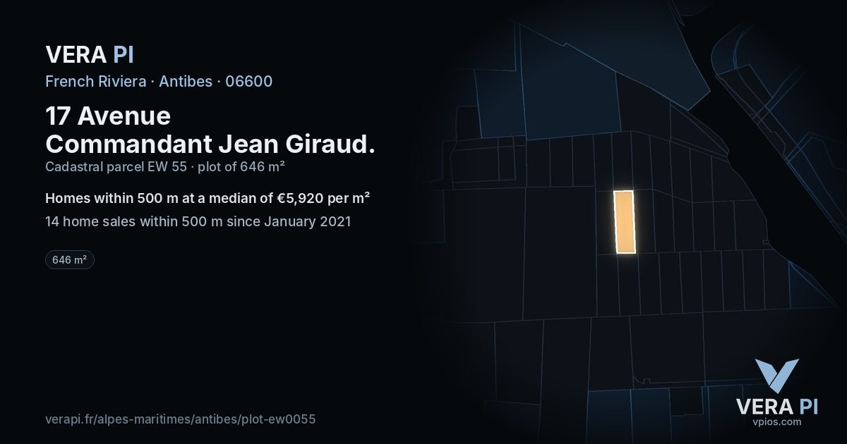 17 Avenue Commandant Jean Giraud, Antibes at night – the plot lit, the parcels around coloured by the prices near them