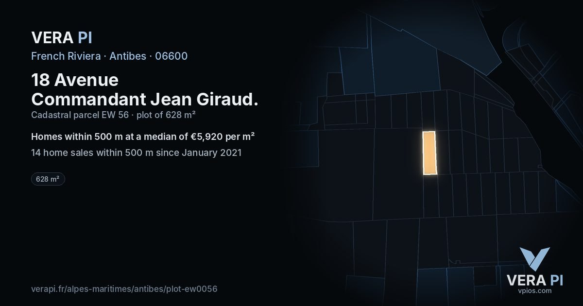 18 Avenue Commandant Jean Giraud, Antibes at night – the plot lit, the parcels around coloured by the prices near them