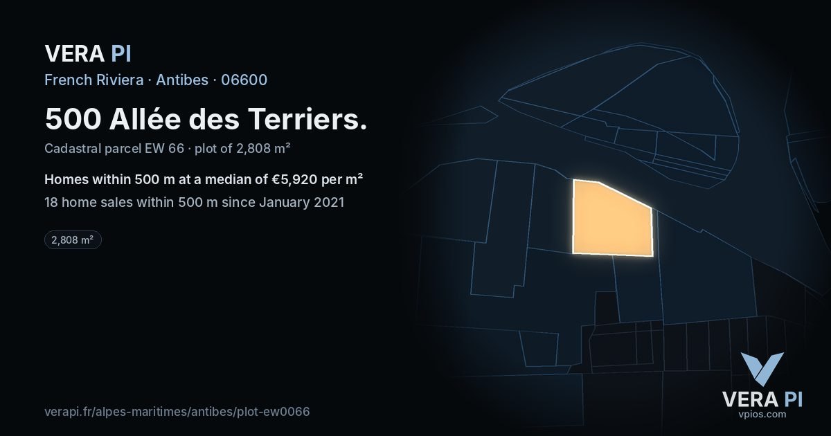 500 Allée des Terriers, Antibes at night – the plot lit, the parcels around coloured by the prices near them