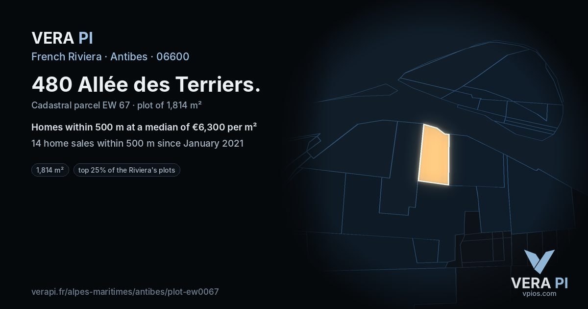 480 Allée des Terriers, Antibes at night – the plot lit, the parcels around coloured by the prices near them