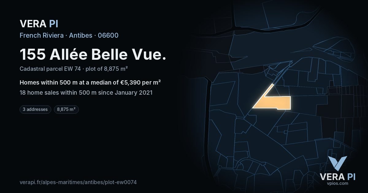 155 Allée Belle Vue, Antibes at night – the plot lit, the parcels around coloured by the prices near them