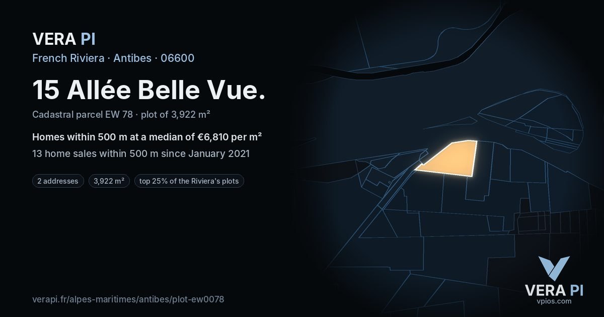 15 Allée Belle Vue, Antibes at night – the plot lit, the parcels around coloured by the prices near them