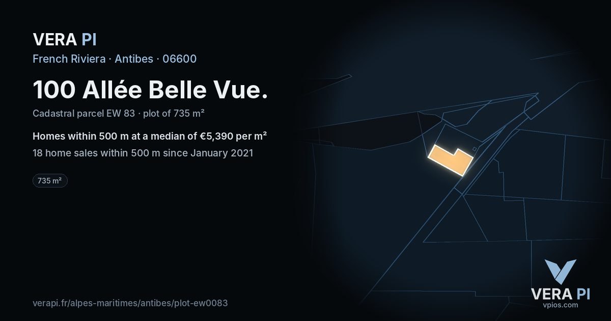100 Allée Belle Vue, Antibes at night – the plot lit, the parcels around coloured by the prices near them