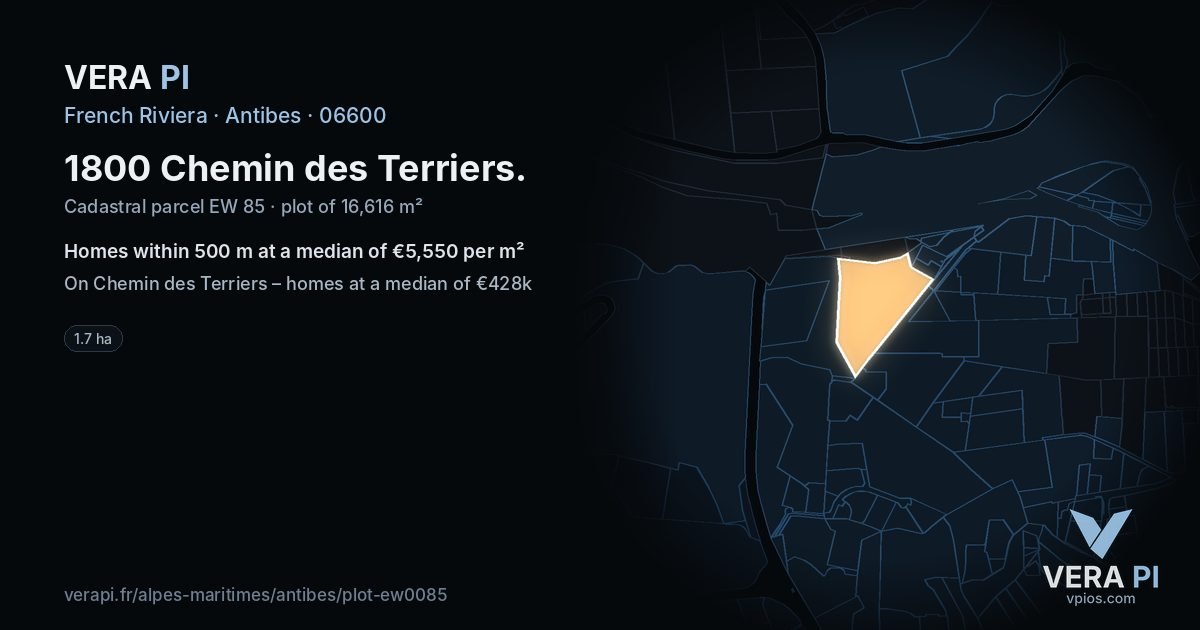 1800 Chemin des Terriers, Antibes at night – the plot lit, the parcels around coloured by the prices near them