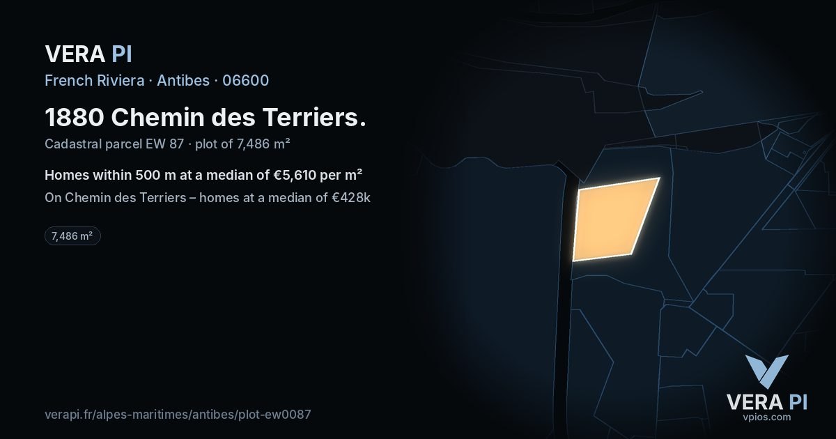 1880 Chemin des Terriers, Antibes at night – the plot lit, the parcels around coloured by the prices near them