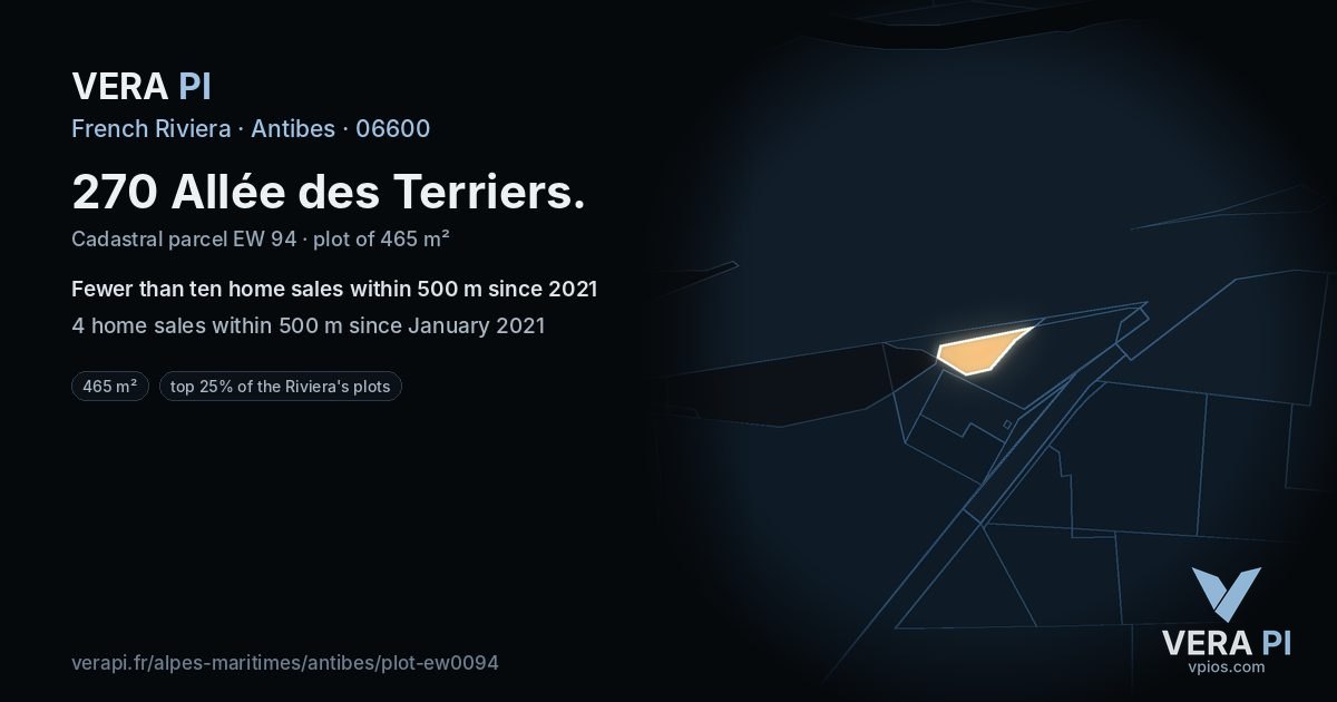 270 Allée des Terriers, Antibes at night – the plot lit, the parcels around coloured by the prices near them