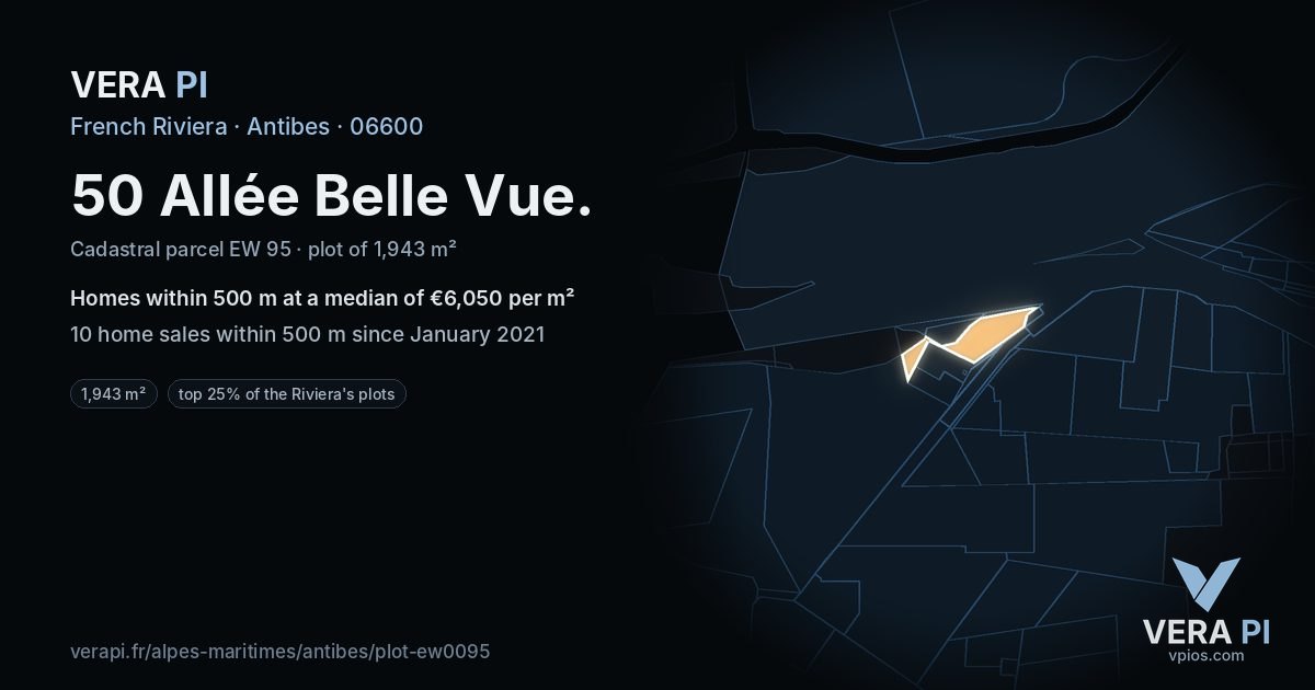 50 Allée Belle Vue, Antibes at night – the plot lit, the parcels around coloured by the prices near them