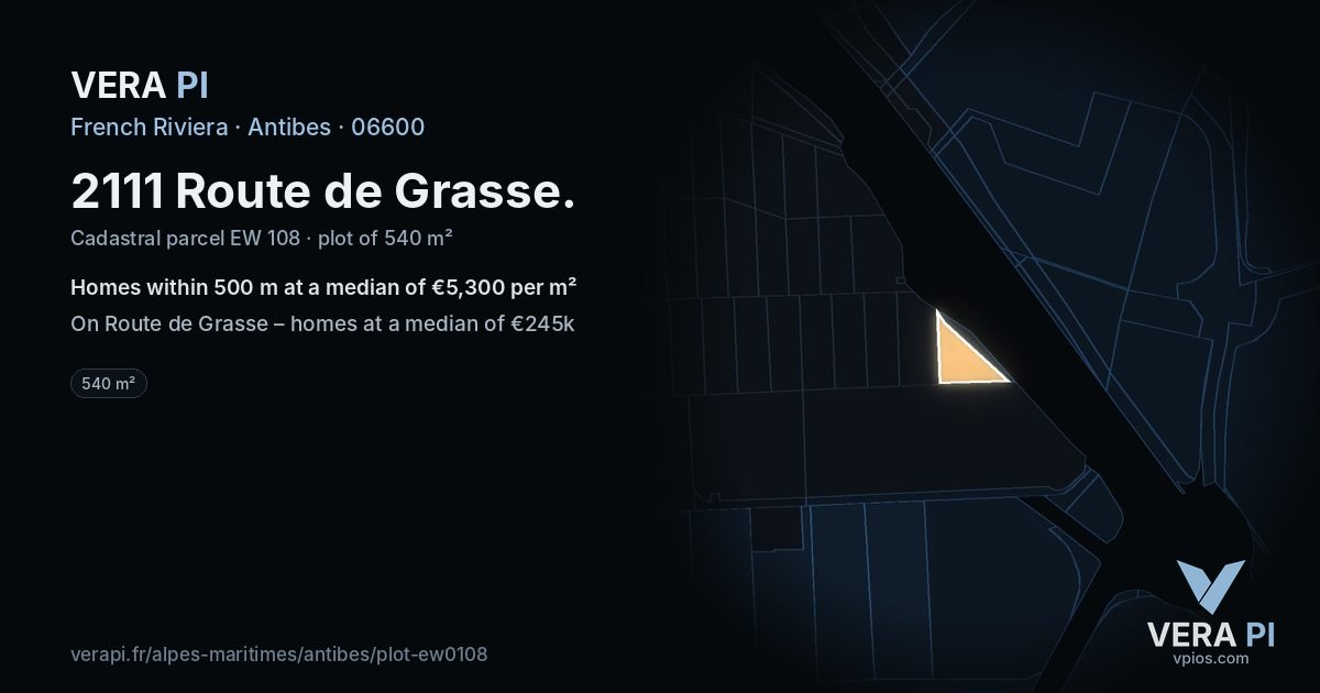 2111 Route de Grasse, Antibes at night – the plot lit, the parcels around coloured by the prices near them