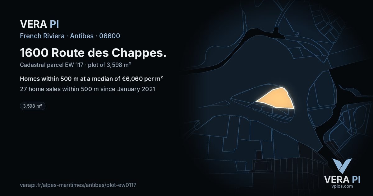 1600 Route des Chappes, Antibes at night – the plot lit, the parcels around coloured by the prices near them