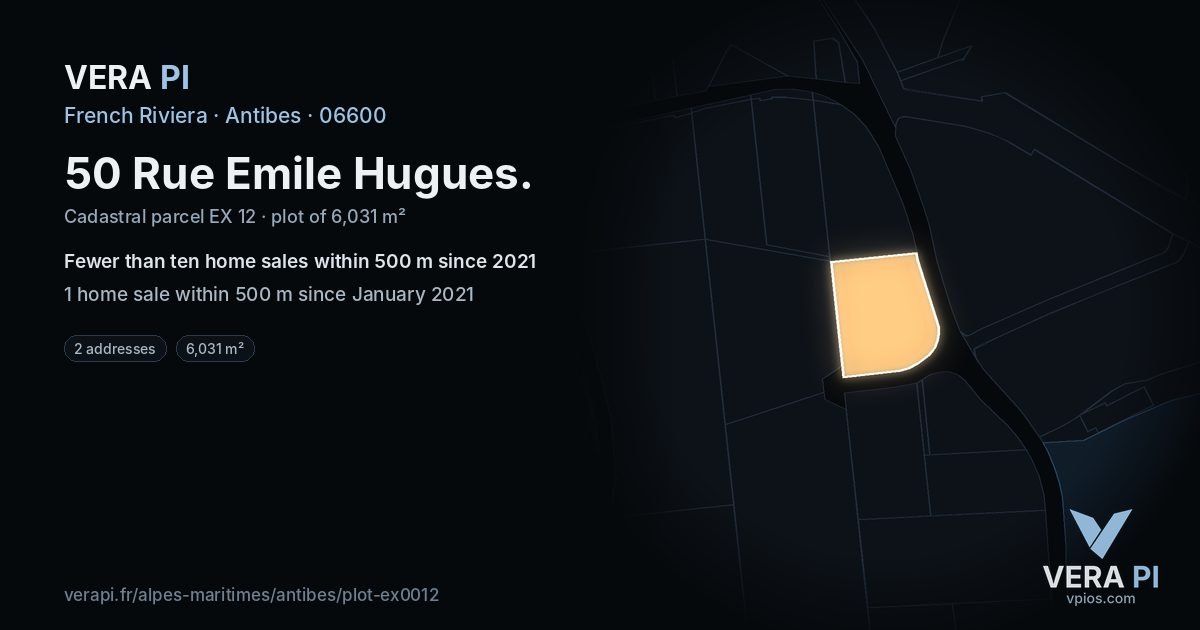 50 Rue Emile Hugues, Antibes at night – the plot lit, the parcels around coloured by the prices near them