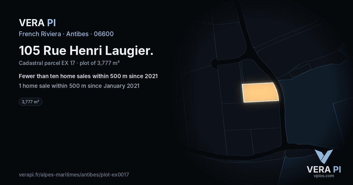 105 Rue Henri Laugier, Antibes at night – the plot lit, the parcels around coloured by the prices near them
