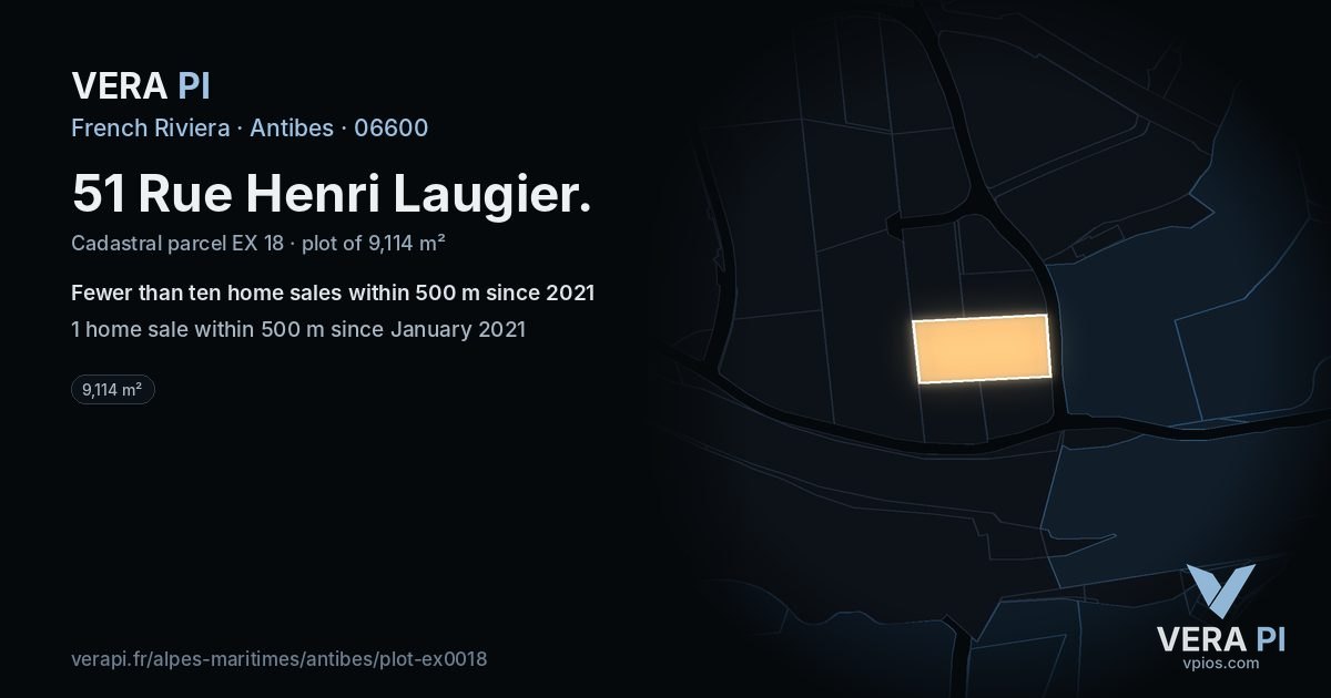 51 Rue Henri Laugier, Antibes at night – the plot lit, the parcels around coloured by the prices near them