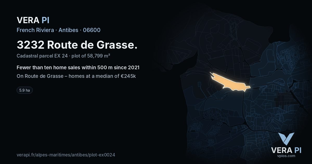 3232 Route de Grasse, Antibes at night – the plot lit, the parcels around coloured by the prices near them