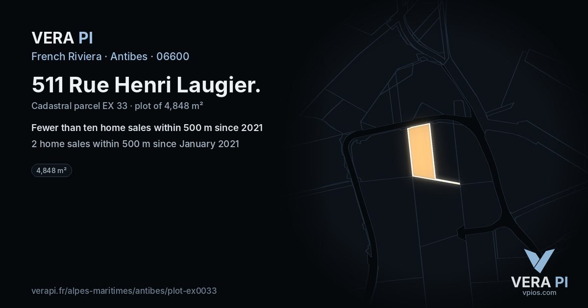 511 Rue Henri Laugier, Antibes at night – the plot lit, the parcels around coloured by the prices near them