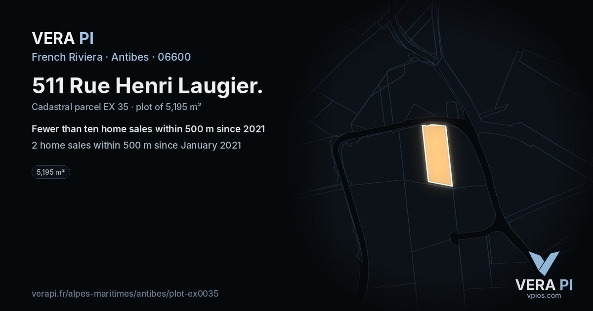 511 Rue Henri Laugier, Antibes at night – the plot lit, the parcels around coloured by the prices near them