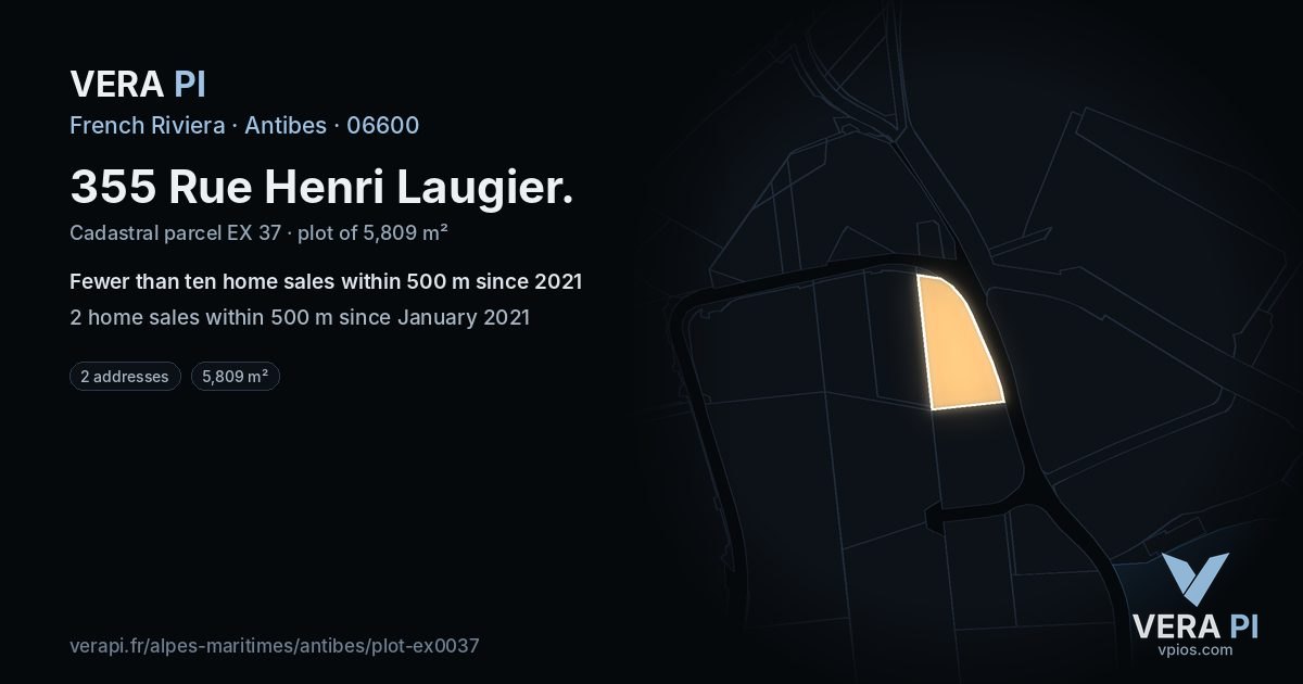 355 Rue Henri Laugier, Antibes at night – the plot lit, the parcels around coloured by the prices near them