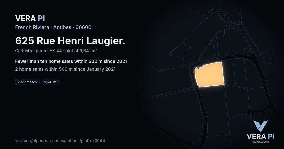 625 Rue Henri Laugier, Antibes at night – the plot lit, the parcels around coloured by the prices near them