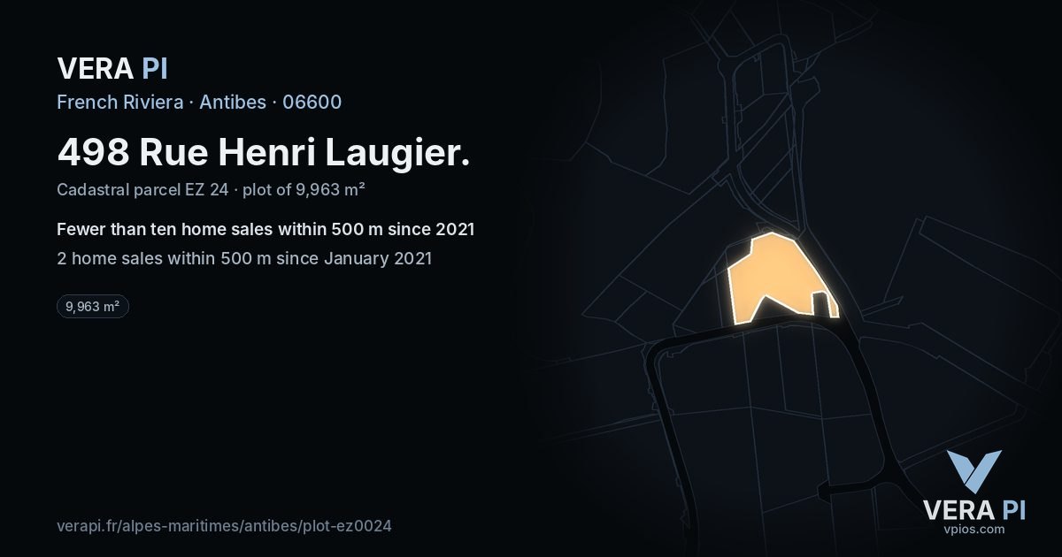 498 Rue Henri Laugier, Antibes at night – the plot lit, the parcels around coloured by the prices near them