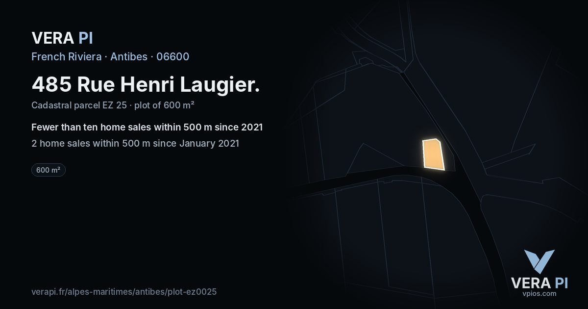 485 Rue Henri Laugier, Antibes at night – the plot lit, the parcels around coloured by the prices near them