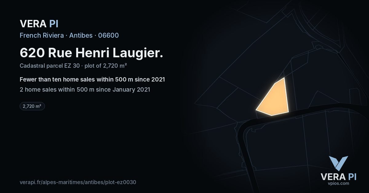 620 Rue Henri Laugier, Antibes at night – the plot lit, the parcels around coloured by the prices near them