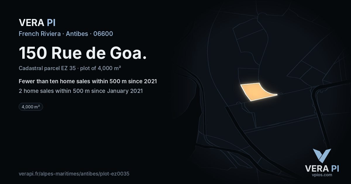 150 Rue de Goa, Antibes at night – the plot lit, the parcels around coloured by the prices near them
