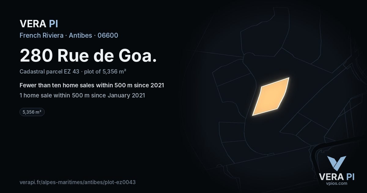 280 Rue de Goa, Antibes at night – the plot lit, the parcels around coloured by the prices near them