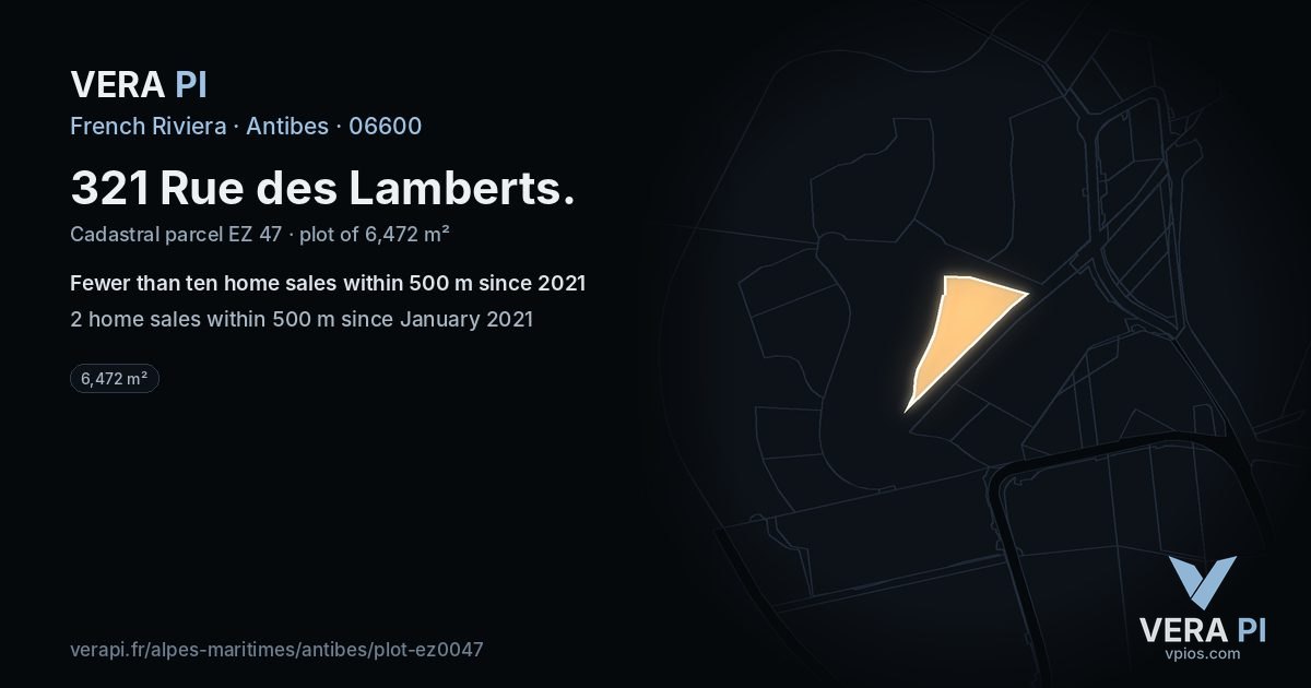 321 Rue des Lamberts, Antibes at night – the plot lit, the parcels around coloured by the prices near them