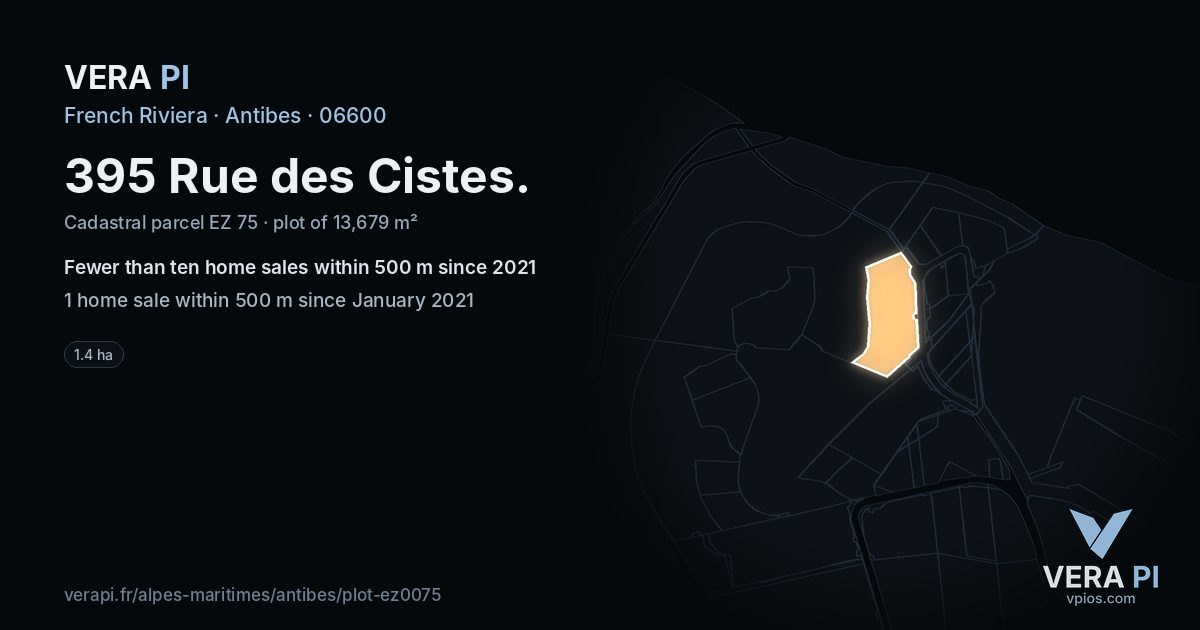 395 Rue des Cistes, Antibes at night – the plot lit, the parcels around coloured by the prices near them