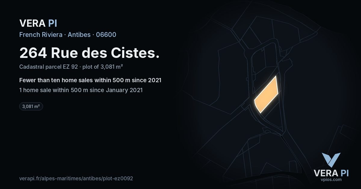264 Rue des Cistes, Antibes at night – the plot lit, the parcels around coloured by the prices near them