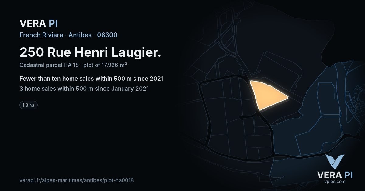 250 Rue Henri Laugier, Antibes at night – the plot lit, the parcels around coloured by the prices near them