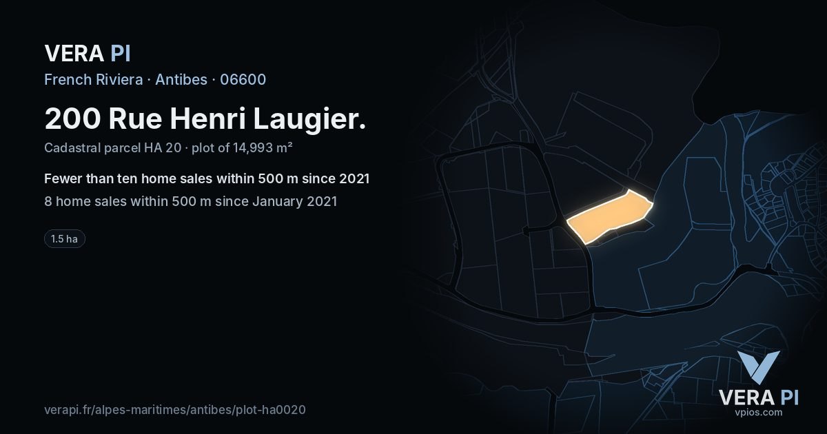 200 Rue Henri Laugier, Antibes at night – the plot lit, the parcels around coloured by the prices near them
