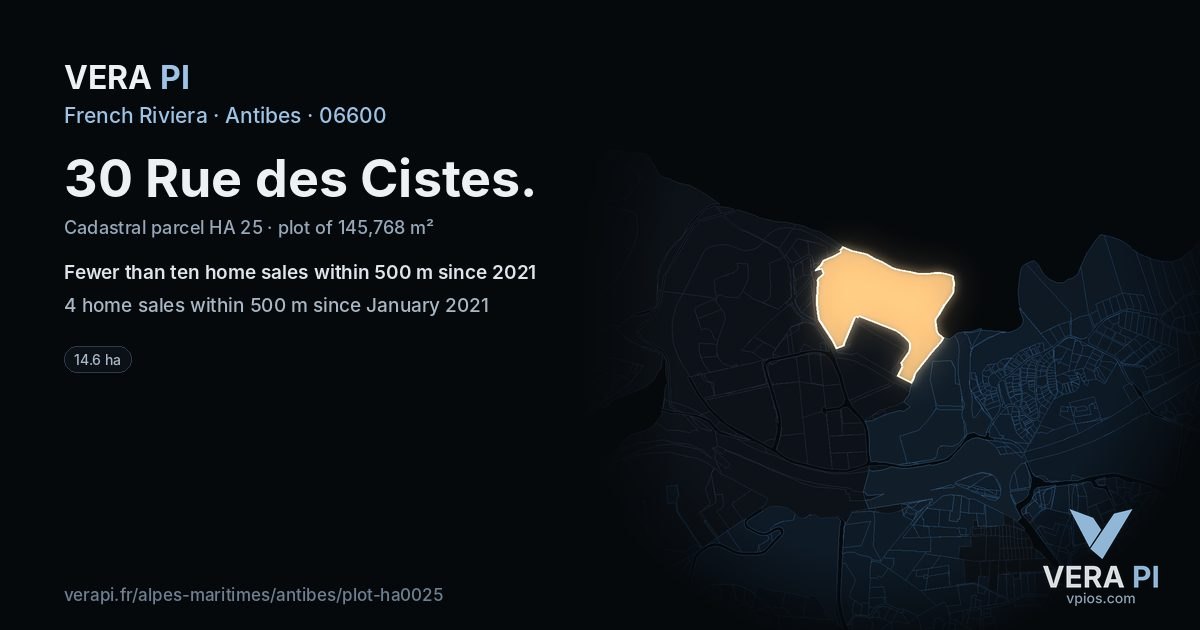 30 Rue des Cistes, Antibes at night – the plot lit, the parcels around coloured by the prices near them