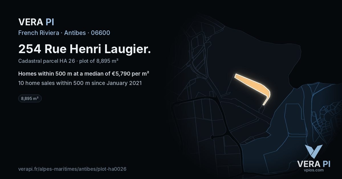 254 Rue Henri Laugier, Antibes at night – the plot lit, the parcels around coloured by the prices near them