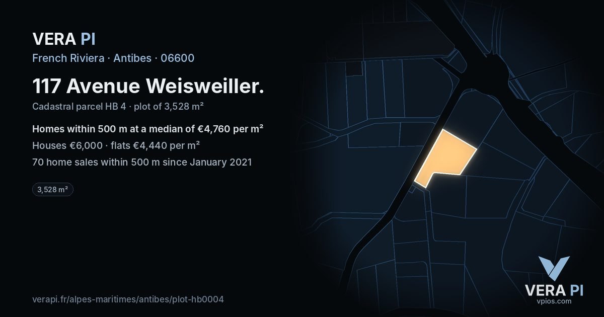 117 Avenue Weisweiller, Antibes at night – the plot lit, the parcels around coloured by the prices near them