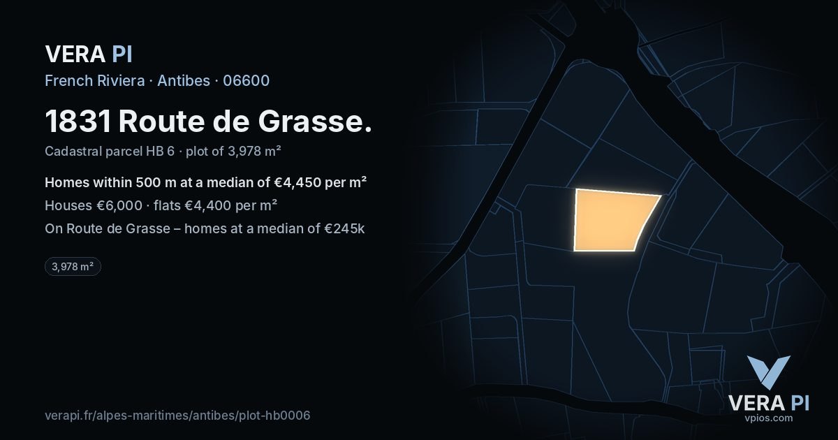 1831 Route de Grasse, Antibes at night – the plot lit, the parcels around coloured by the prices near them