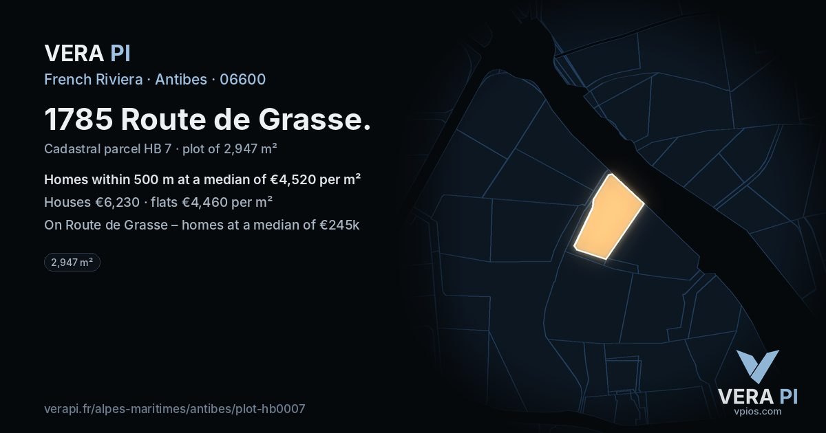1785 Route de Grasse, Antibes at night – the plot lit, the parcels around coloured by the prices near them